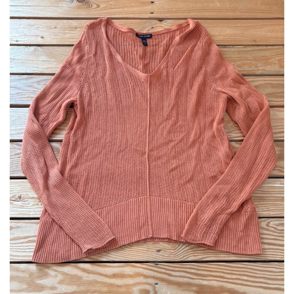 Eileen Fisher Women’s Knit Merino Wool Tencel V Neck Sweater Size L Salmon H2